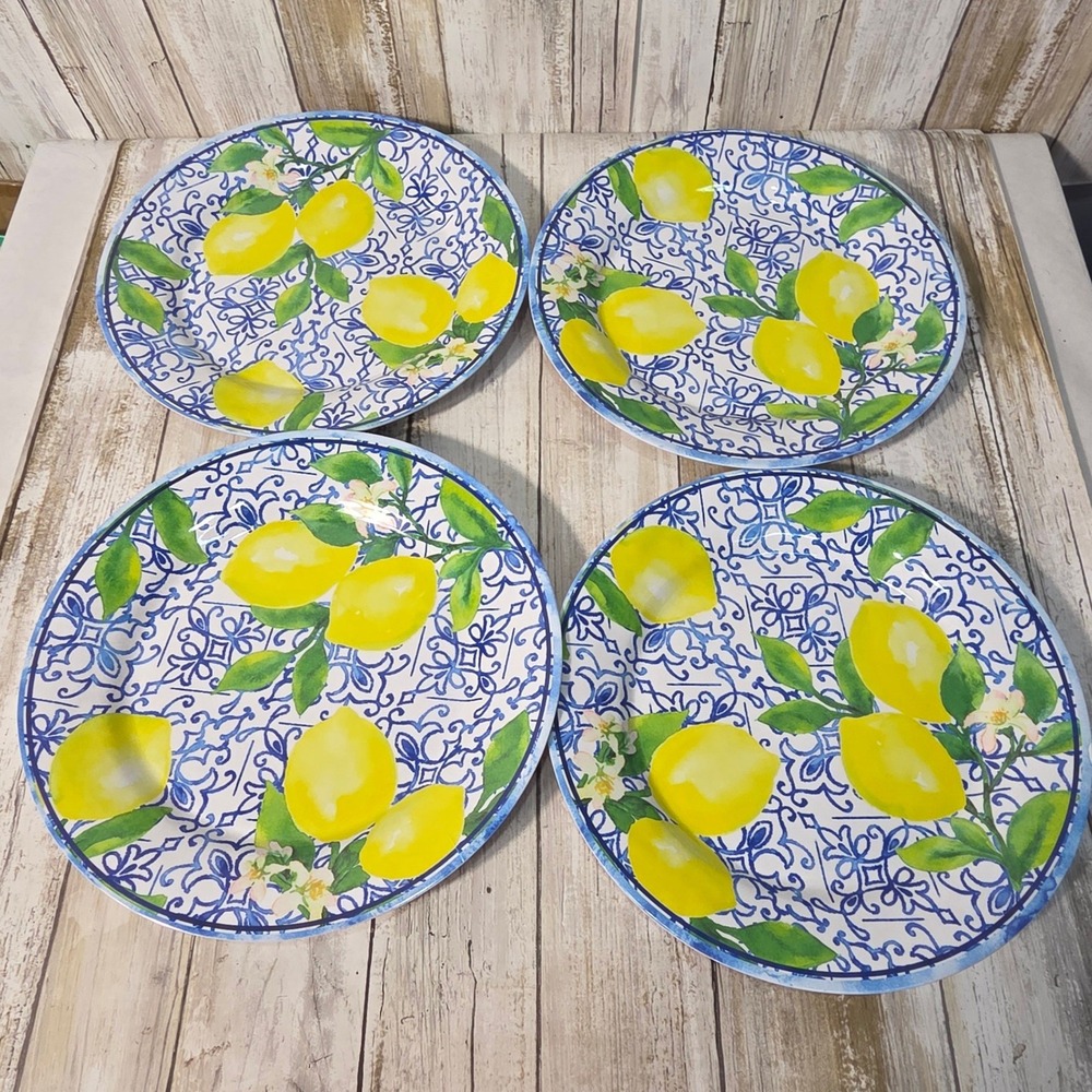 Set of 4 Melamine Lemon Dinner Plates Blue White Mediterranean Tile Citrus 10in - Picture 3 of 6